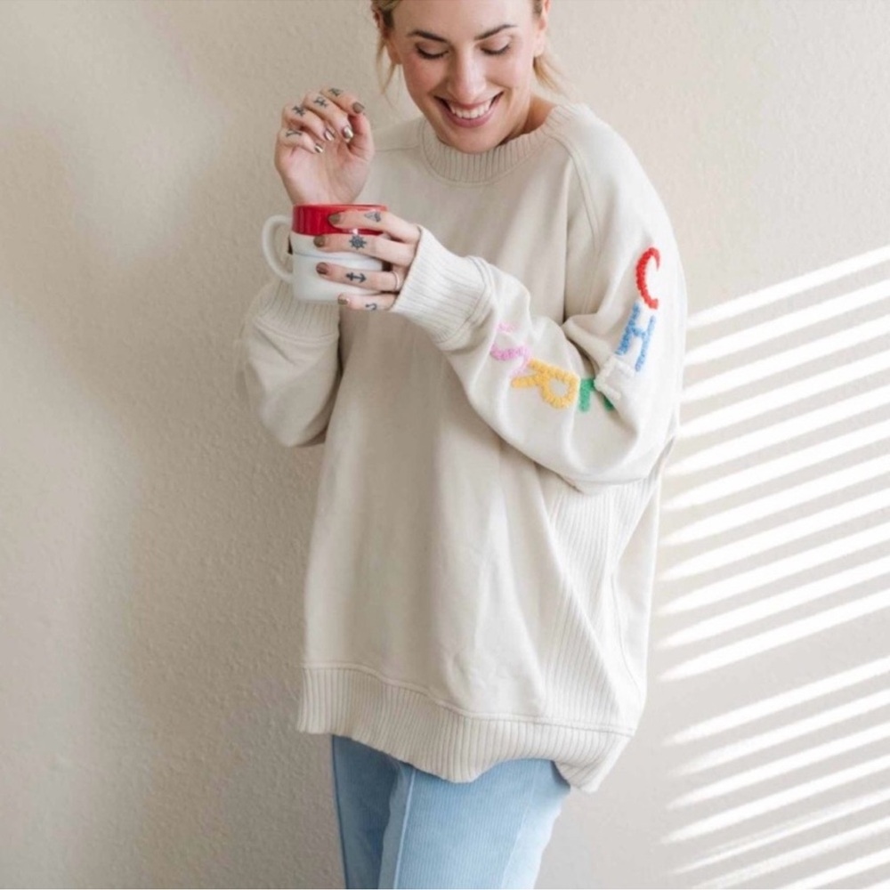 Aerie Cream Sweater with CHEERS in Multicolor Lettering, Size M
